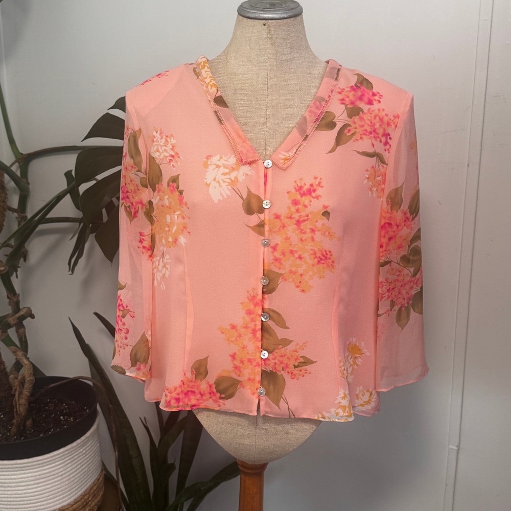 Cynthia Howie Silk Floral Blouse Womens Small Pink‎ Sheer V-Neck Fairycore Top